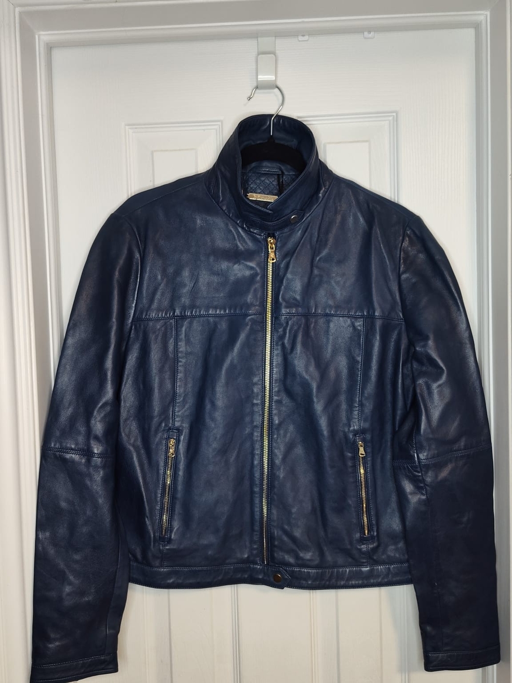 Massimo Dutti Navy Leather Zip Jacket - Classic Biker Style New With Tags XL